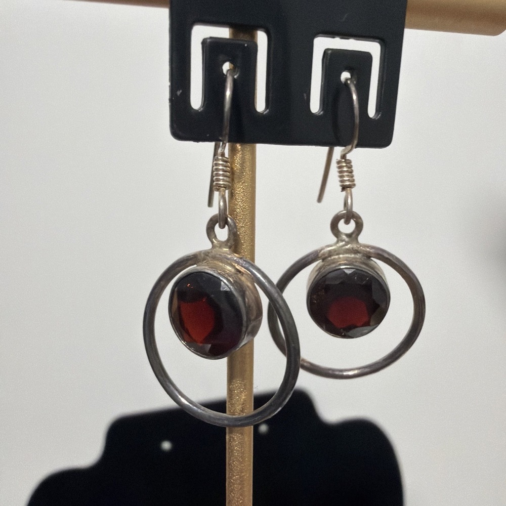 Handmade Vintage Red Garnet Sterling Silver 925 Circle Dangle Drop Earrings